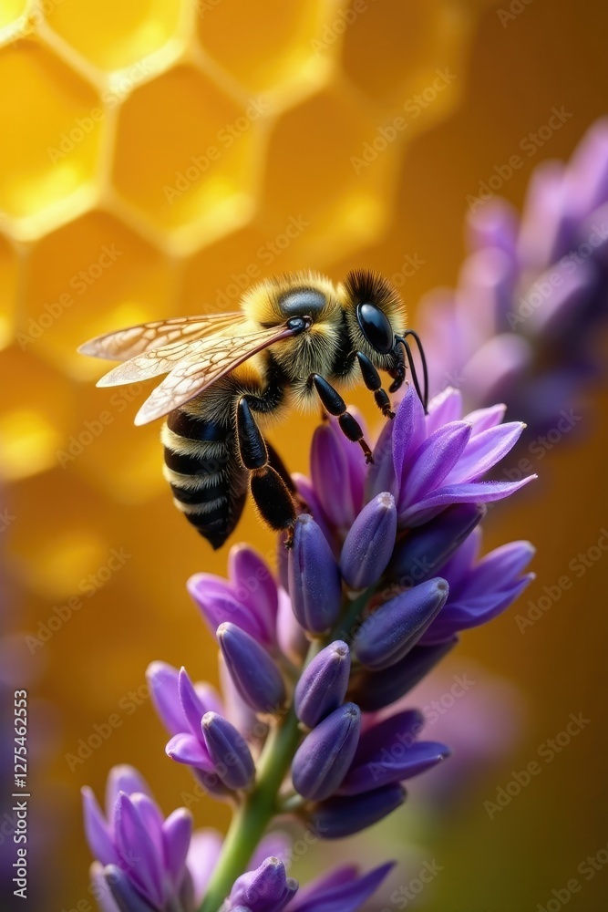 Golden honeycomb background with metallic green sweat bee on lavender flower grooming tongue, pollination, lavender, flowers