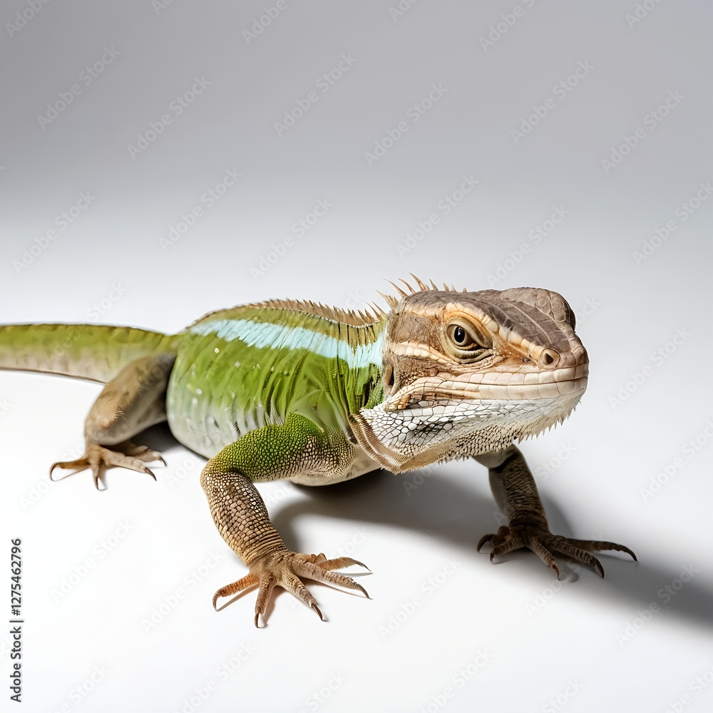 Naklejka premium Green and Brown Lizard on White Background