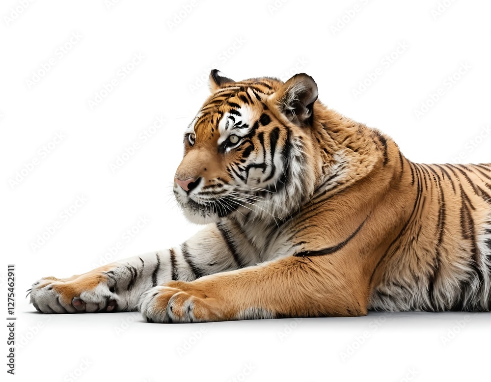 Obraz premium Majestic Tiger Lying Down, Isolated on White