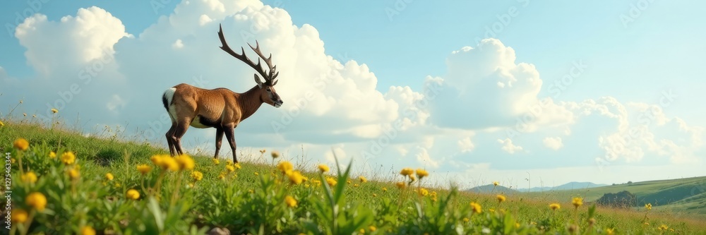 Fototapeta premium Ibex grazing below cloudy sky amidst lush greenery and wildflowers, peaceful, landscape