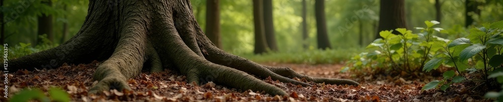 Tree trunks with rugged bark and twisted roots, wood textures, forest landscape