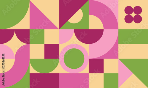 Pink geometric background for Easter and Mother's Day. Festive abstract banner for spring and summer design. Vector illustration. Circles, triangles and squares on yellow background. Template for sale