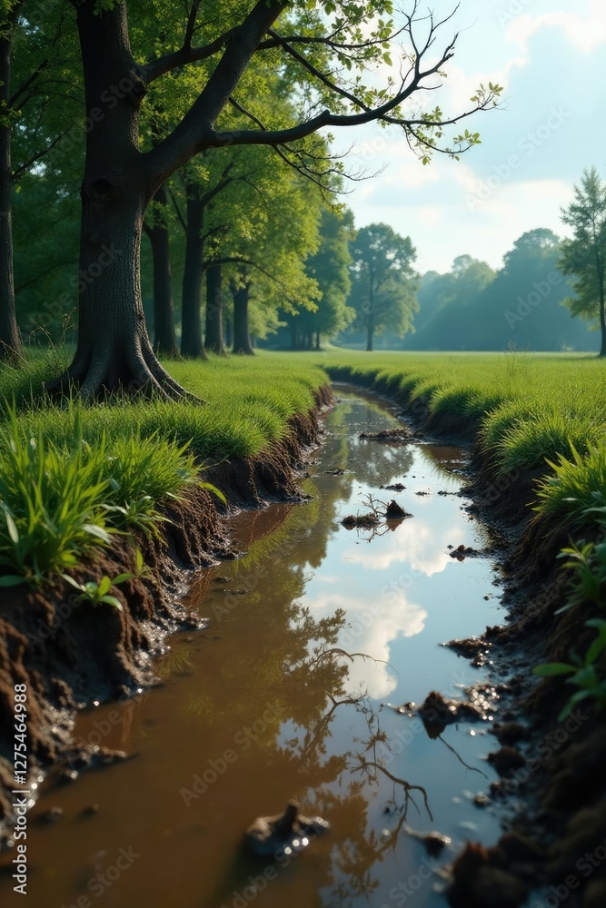 Fototapeta premium Waterlogged field with muddy puddles and trees, decay, dead tree