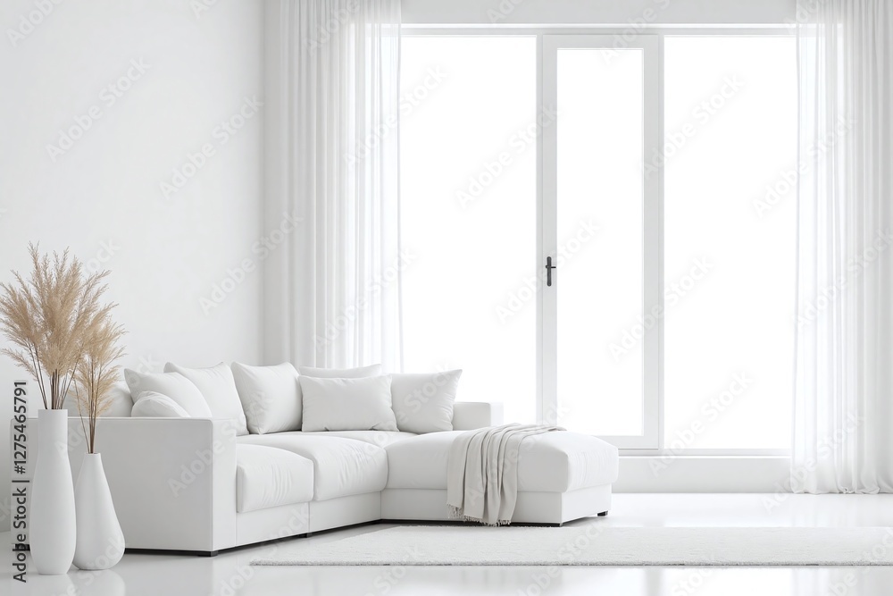 Fototapeta premium Modern living room large window white sofa white vases rug