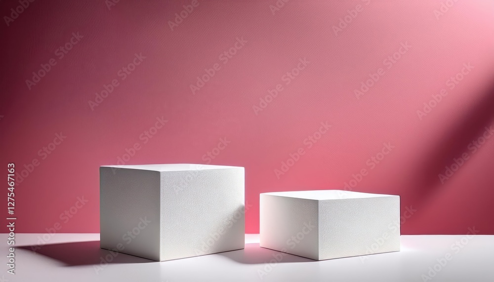 Two White Square Podiums on a White Pink Background Minimalistic and Vibrant Stage Setting for Presentations or Art Installation, Invoking a Sense of Purity and Sophistication Two White Square Podiums on a White Pink Background Minimalistic and Vibrant Stage Setting for Presentations or Art Installation, Invoking a Sense of Purity and Sophistication