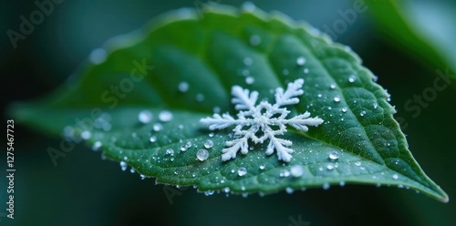 delicate snowflake frozen on dark green leaf surface, snowflakes, frosty