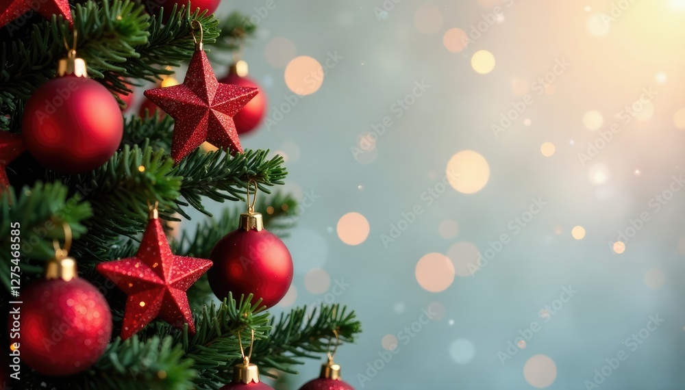 Fototapeta premium Red and glittery Christmas tree garlands with stars, garlands, Xmas