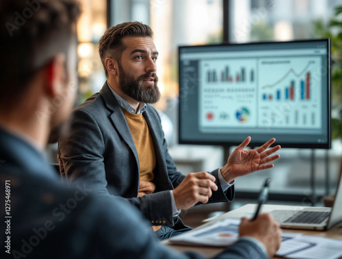 Businessman presenting cash flow projections for potential investors photo