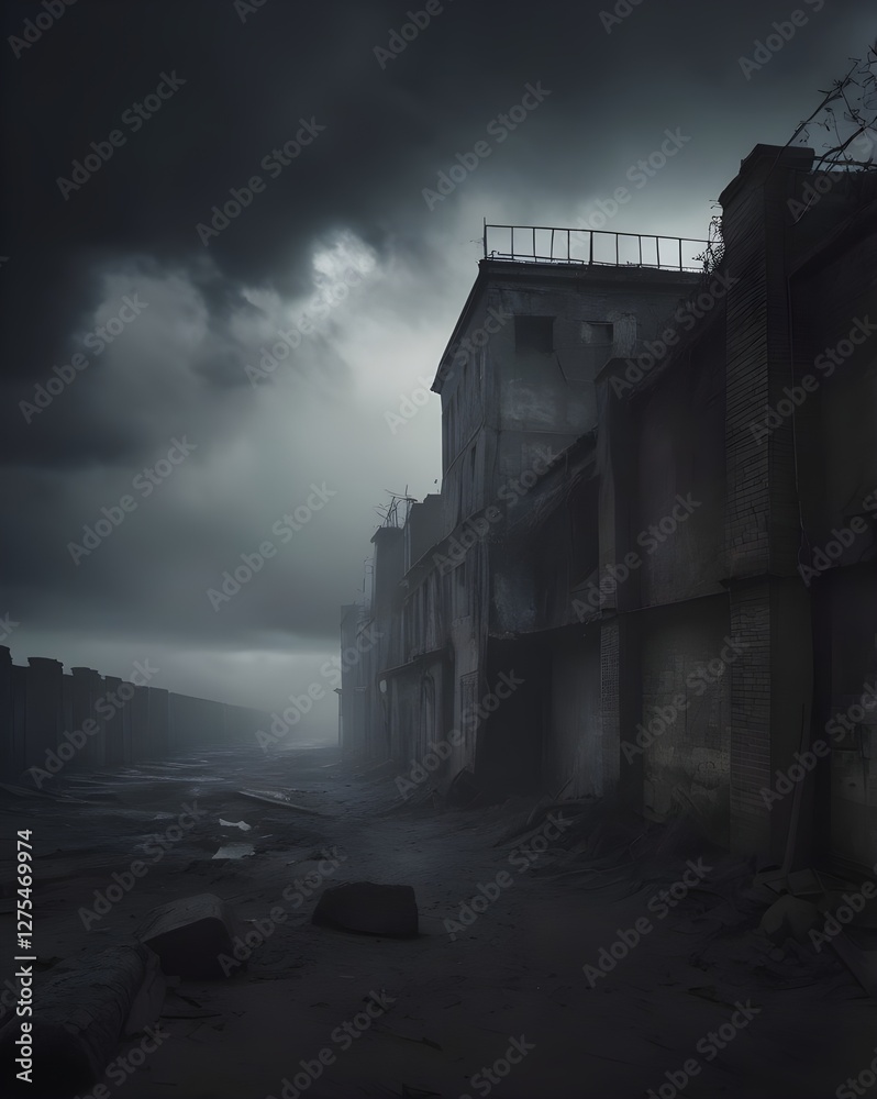 Naklejka premium Mysterious Figure Walking Through a Dark, Abandoned Corridor Towards Light