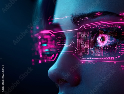 A cybernetic woman with neon veins pulsing beneath her translucent skin, a city skyline reflected in her metallic eyes, futuristic surrealism, cyberpunk aesthetic, ultra-detailed textures photo