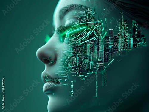 A cybernetic woman with neon veins pulsing beneath her translucent skin, a city skyline reflected in her metallic eyes, futuristic surrealism, cyberpunk aesthetic, ultra-detailed textures photo