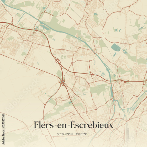 Vintage map of Flers-en-Escrebieux, France.