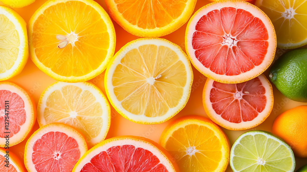 Background of a beautifully arranged flat lay composition of fresh and juicy sliced oranges and citrus fruits, perfect for health food advertising and wellness branding. Background of a beautifully arranged flat lay composition of fresh and juicy sliced oranges and citrus fruits, perfect for health food advertising and wellness branding.
