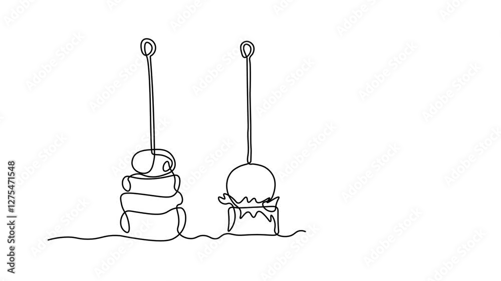 set of three sandwiches canapes on skewers, Self drawing animation one continuous line draw, logo