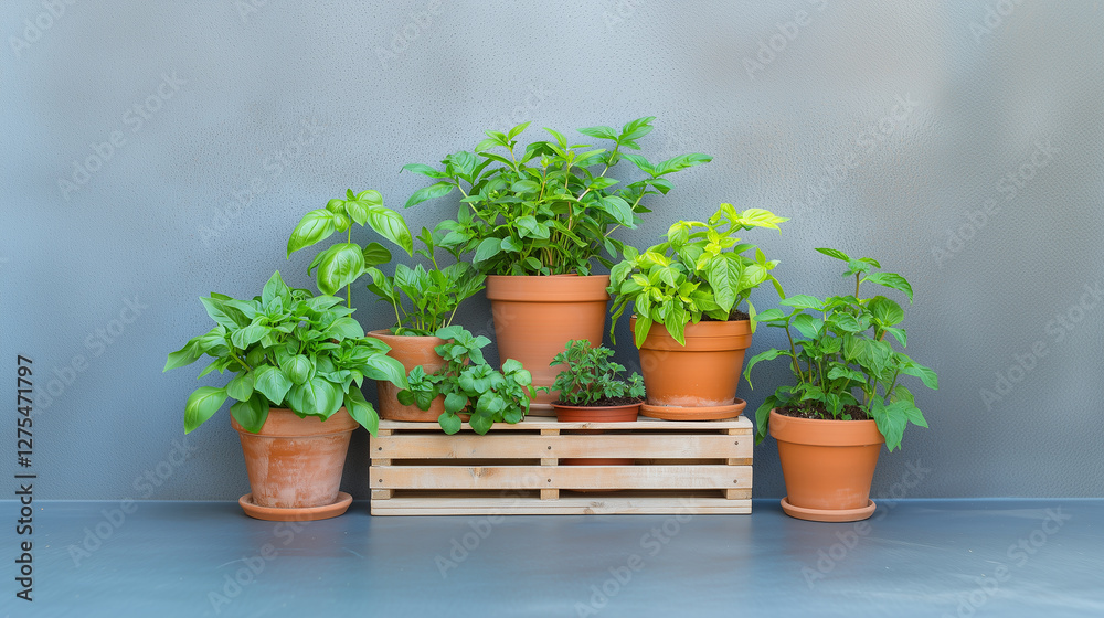 Rustic plant display with wooden crates and diverse greenery Rustic plant display with wooden crates and diverse greenery