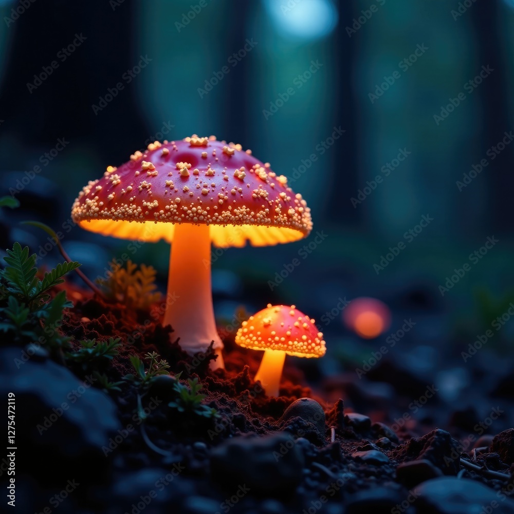 Fototapeta premium Glowing caps of rare fungi illuminate forest floor at dusk, Magical, Spores