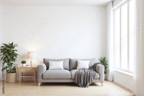 Modern living room large window side table potted plants sofa