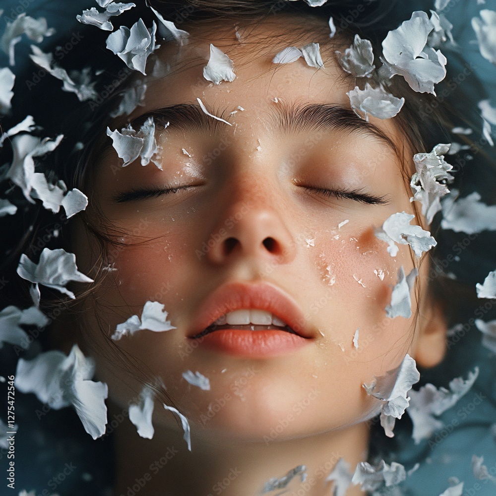 A serene portrait of a young woman surrounded by delicate flower petals.
