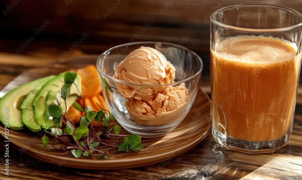 Carrot ice cream with avocado, carrot slices and fresh greens on a wooden rustic plate, paired with a glass of carrot fresh . Healthy and unusual dessert concept. AI generated photo. Carrot ice cream with avocado, carrot slices and fresh greens on a wooden rustic plate, paired with a glass of carrot fresh . Healthy and unusual dessert concept. AI generated photo.