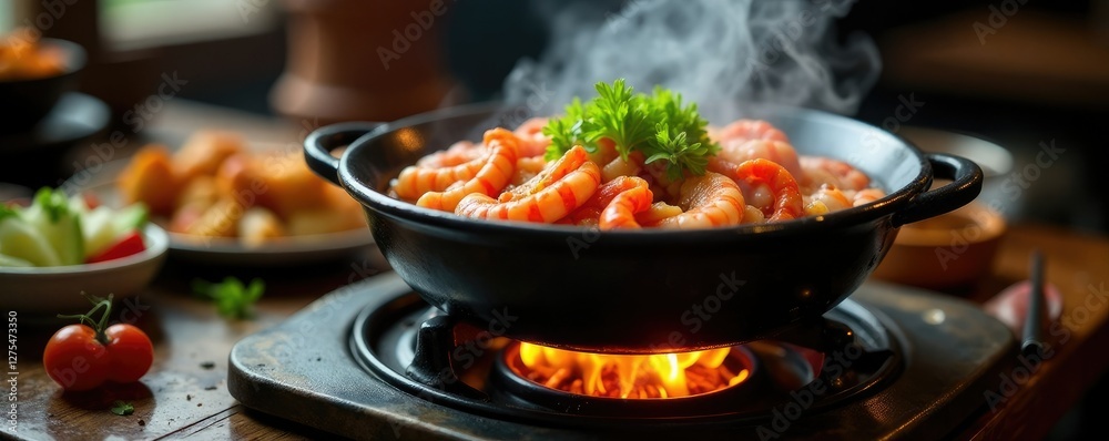 Fototapeta premium Hot pot simmering on a low-burning stove table, hot pot, seafood