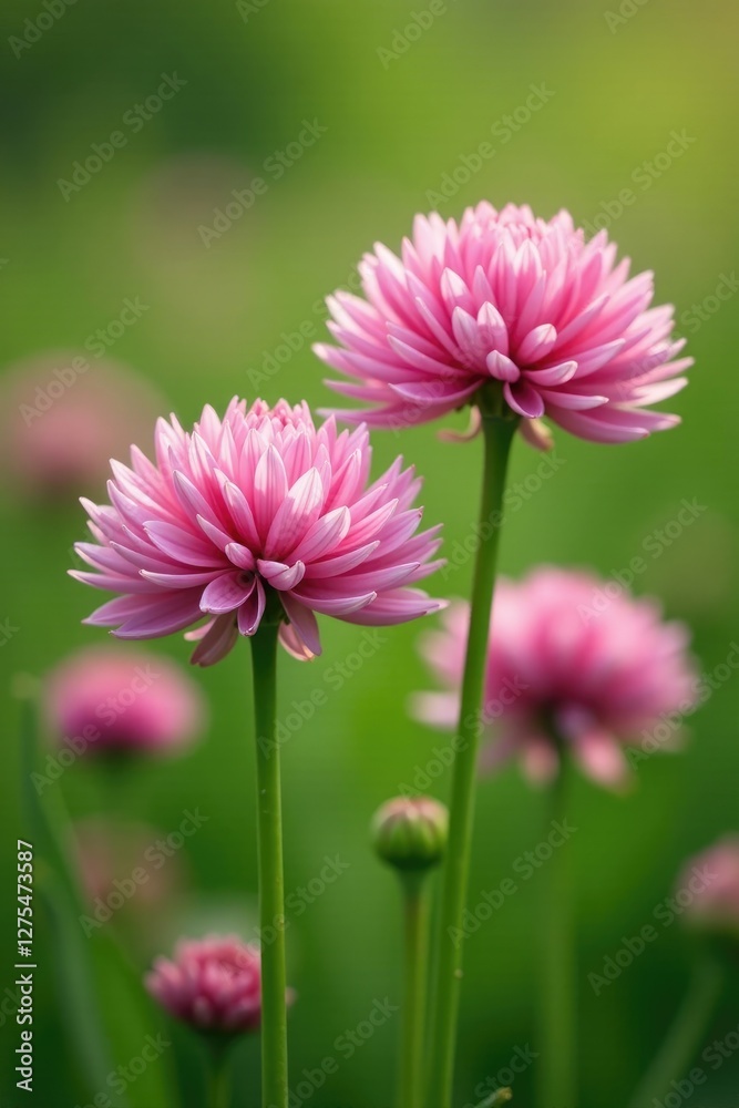 Softly blooming allium flowers in a green field, earthy, pink Softly blooming allium flowers in a green field, earthy, pink