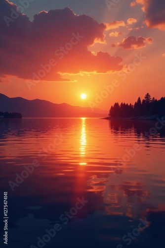 Softly rippling lake surface mirrors a stunning orange sunset sky, gentle, lake, sunset