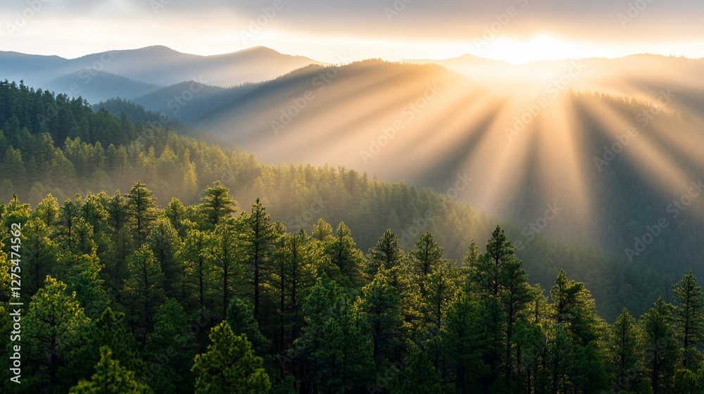 Sun rays through mountain forest at dawn Sun rays through mountain forest at dawn