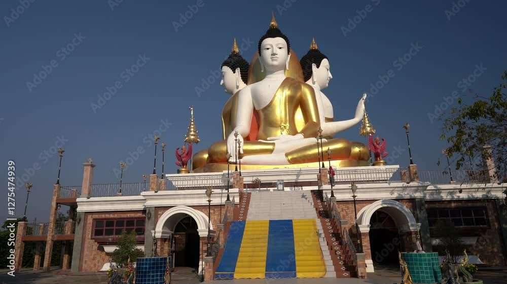 Thailand temple with gold big Buddha statue on nature background. Asian culture religion and famous travel destination 4K
