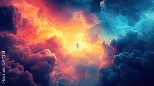 A breathtaking dreamscape featuring a figure standing amid dramatic clouds, where soft lighting emerges, symbolizing hope and introspection in a fantastical realm of imagination.