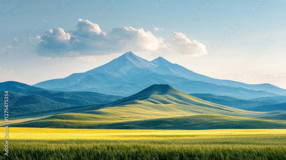 Fototapeta premium A serene landscape featuring rolling hills and majestic mountains under a clear blue sky, evoking tranquility and natural beauty.