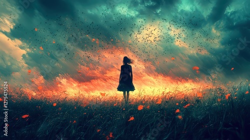 This striking image showcases a lone figure standing in a field beneath tumultuous skies, with a vivid blaze of colors representing turmoil and inner conflict.