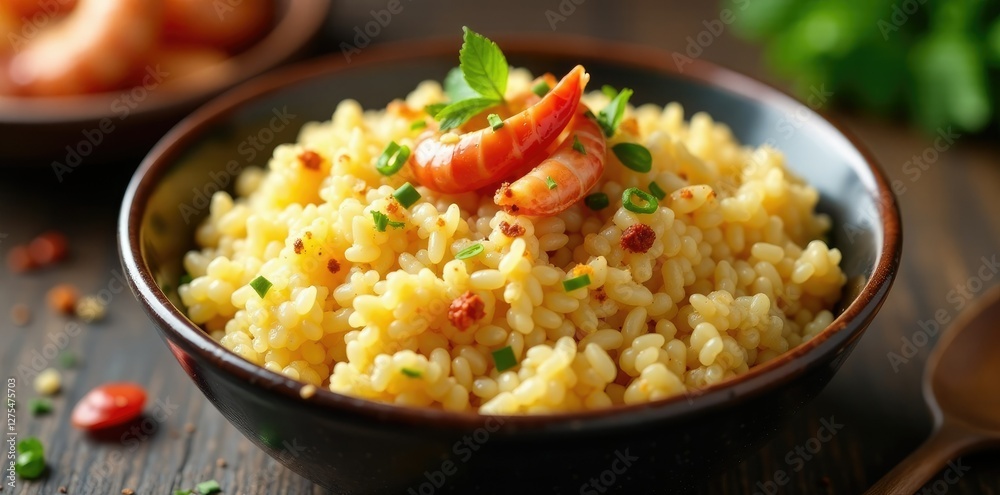 Boiled rice in a ceramic dish with seafood and spices, dish, bowl, rice Boiled rice in a ceramic dish with seafood and spices, dish, bowl, rice