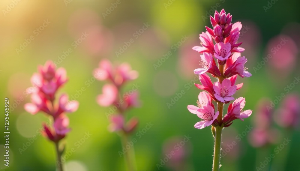 Fototapeta premium Pink flowers blooming on Rumex acetosella stems, pink flowers, spring
