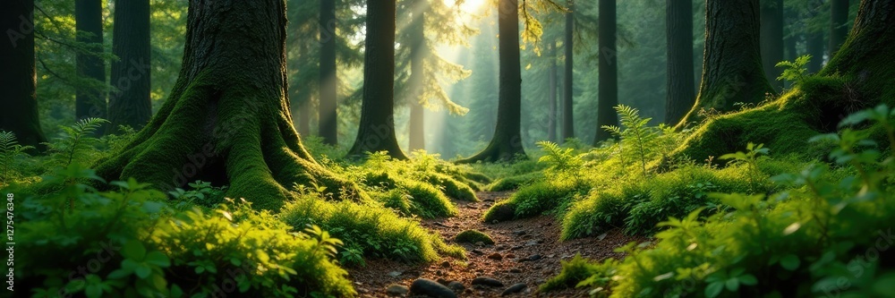 Obraz premium Coniferous forest floor with moss and ferns under tall trees, moss,