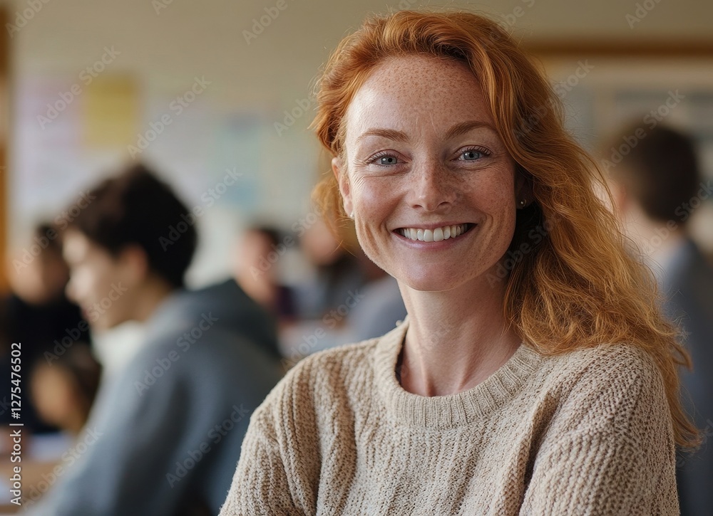 Smiling female teacher engaging with students in a vibrant classroom setting. Smiling female teacher engaging with students in a vibrant classroom setting.