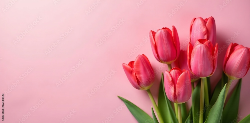 Fototapeta premium Vivid tulips in full bloom on a soft pink background, colorful, nature