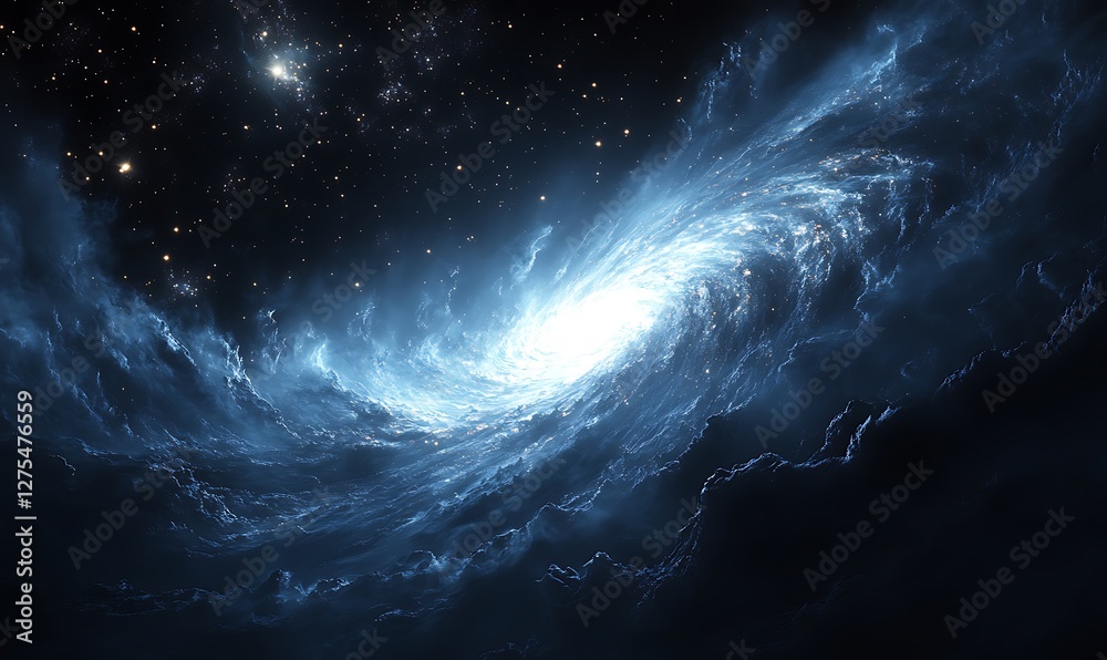 Fototapeta premium Luminous edge-on view of a spiral galaxy with a bright central bulge and sweeping dust lanes, framed by a sea of distant stars and nebulae