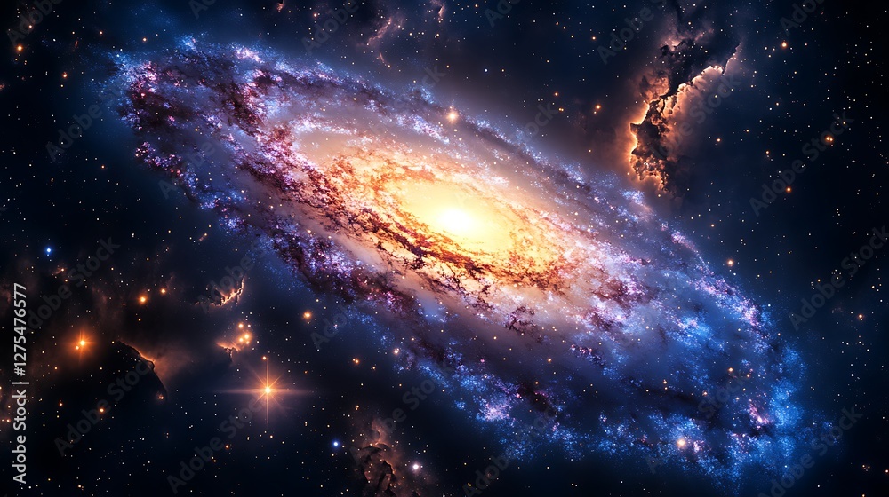 Vibrant high-resolution image of a spiral galaxy with glowing star clusters, bright nebulae, and deep cosmic dust lanes against a dark space background Vibrant high-resolution image of a spiral galaxy with glowing star clusters, bright nebulae, and deep cosmic dust lanes against a dark space background