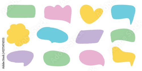 Crayon speech bubble set in trendy doodle style. Color chalk balloons for text, chat, dialog icon. Hand drawn child frames, talk box, cloud. Isolated vector illustration.
