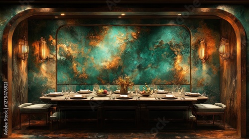Wallpaper Mural Luxurious dining room, emerald wall,  private setting, Asian-inspired Torontodigital.ca