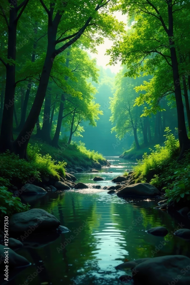 Serene forest with lush greenery by tranquil river banks, river, landscape Serene forest with lush greenery by tranquil river banks, river, landscape