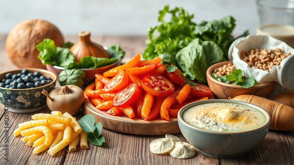 Pegan Diet Foods on Wooden Table - Healthy & Delicious Pegan Diet Foods on Wooden Table - Healthy & Delicious
