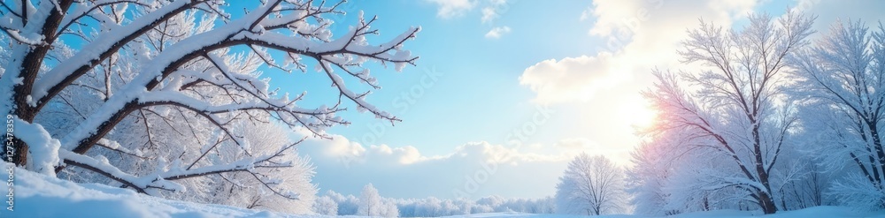Snow-covered branches stretch towards the sky, frosty, branchless Snow-covered branches stretch towards the sky, frosty, branchless