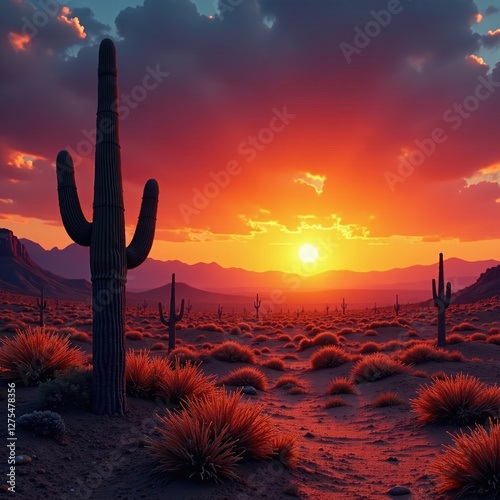 Desert landscape at sunset with orange sky and trees, clouds, desert terrain, desert landscape
