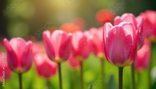 Soft petals of pink tulips gently swaying in spring breeze, Blooming, Warm weather, Garden