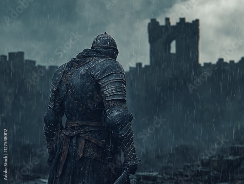 Un caballero solitario enfrenta la tormenta, con un castillo en ruinas de fondo, simbolizando la lucha y la resistencia.