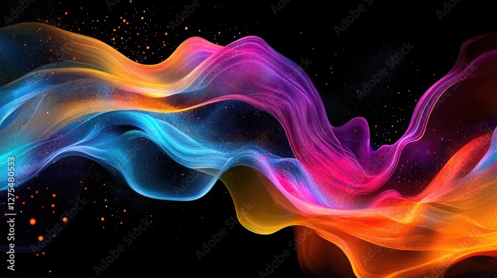 Colorful digital particles flow in an abstract wave, capturing the essence of energy and technological innovation in a vivid, futuristic design Colorful digital particles flow in an abstract wave, capturing the essence of energy and technological innovation in a vivid, futuristic design