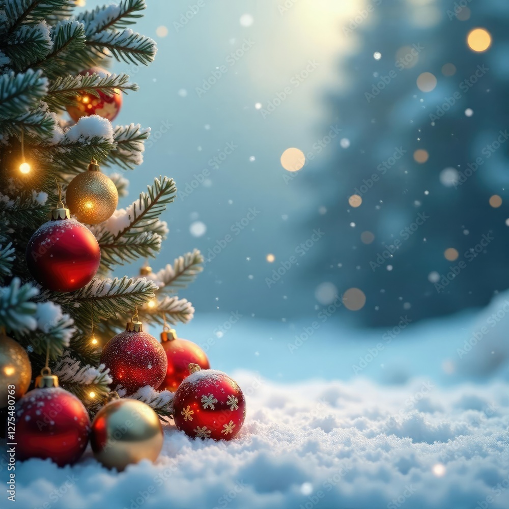 Frosty winter scene with golden Christmas background and festive balls, decorations, ornaments, snowflakes Frosty winter scene with golden Christmas background and festive balls, decorations, ornaments, snowflakes