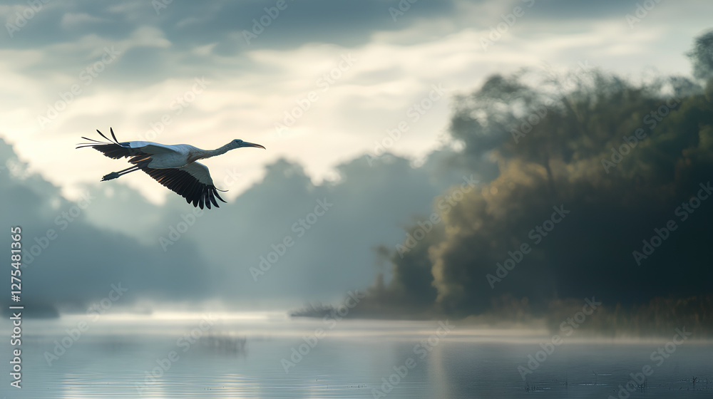 Obraz premium A majestic seagull gracefully flying over a calm river, surrounded by lush green forest.