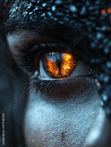 El ojo enigmático brilla intensamente, revelando un fuego interno que despierta curiosidad y misterio. photo